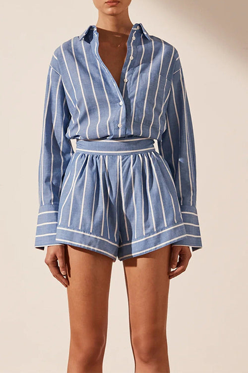 Mixiedress Striped Long Sleeves Curve Hem Shirt and High Rise Shorts Set