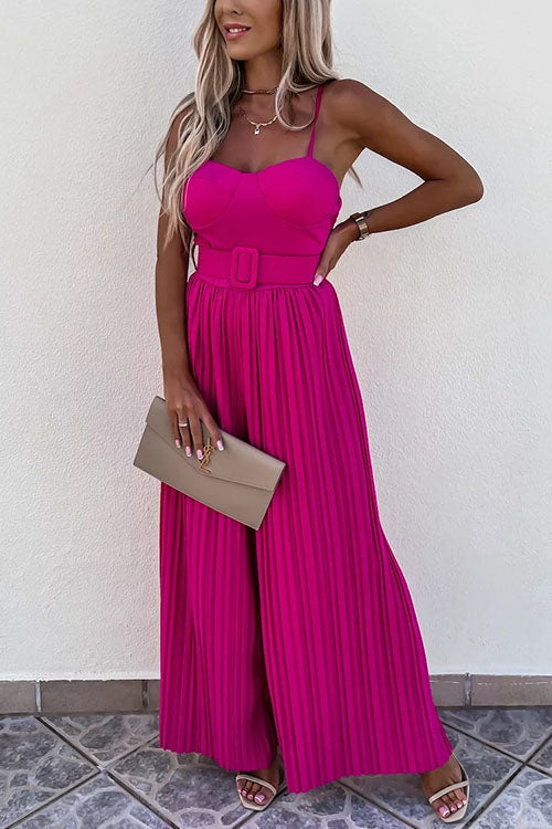 Mixiedress Spaghetti Strap Belted Pleated Wide Leg Jumpsuit