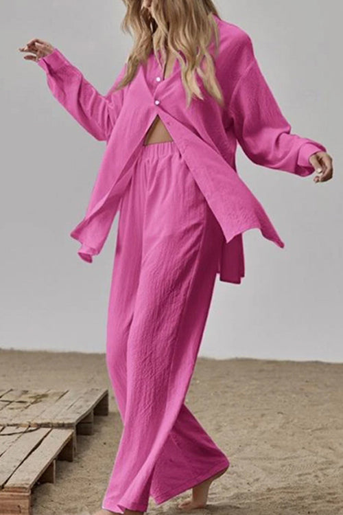 Mixiedress Long Sleeves Side Slit Blouse Shirt Elastic Waist Wide Leg Pants Set