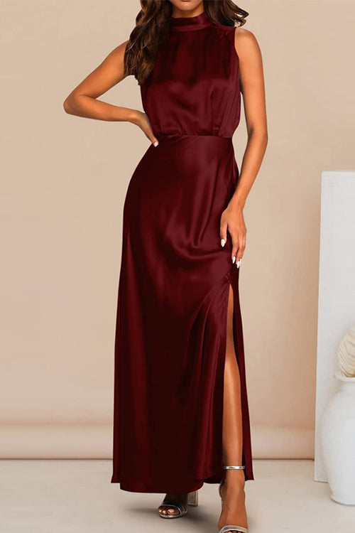 Mixiedress Sleeveless Mockneck Side Split Maxi Satin Dress