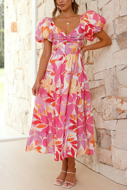 Mixiedress Twist Knot Cut Out Puffle Sleeves Printed Ruffle Maxi Dress