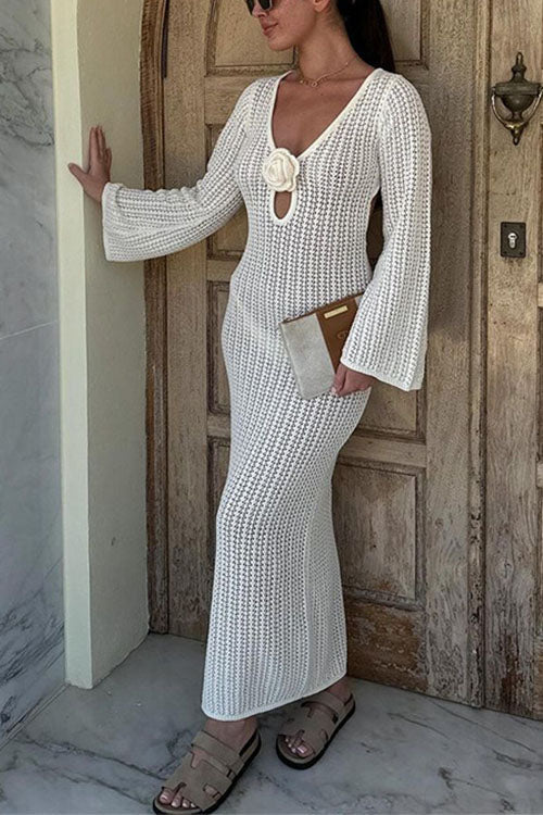 Mixiedress V Neck Long Sleeves Backless Crochet Hollow Out Knit Maxi Dress