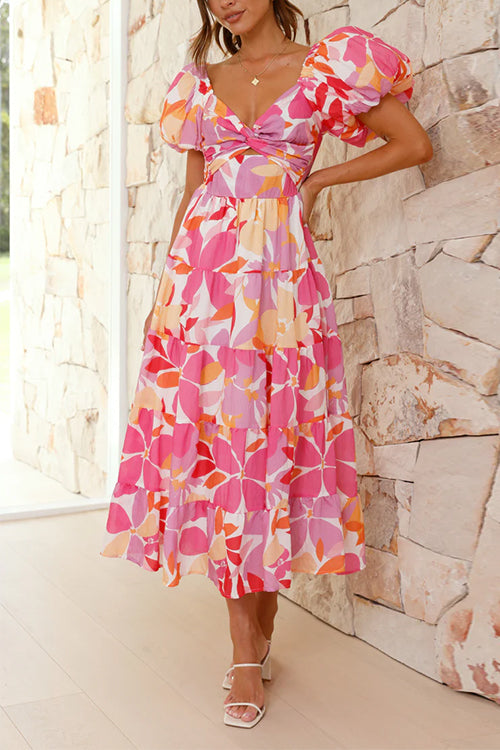 Mixiedress Twist Knot Cut Out Puffle Sleeves Printed Ruffle Maxi Dress