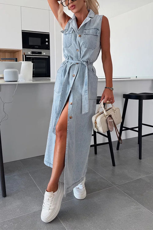Mixiedress Sleeveless Button Down Tie Waist Pocketed Denim Midi Dress