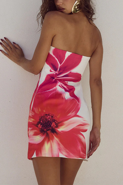 Mixiedress Strapless Tube Pocketed Lily Print Mini Dress