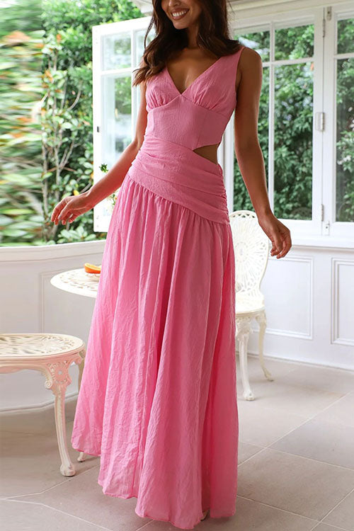 Mixiedress V Neck Sleeveless Cut Out Swing Maxi Dress
