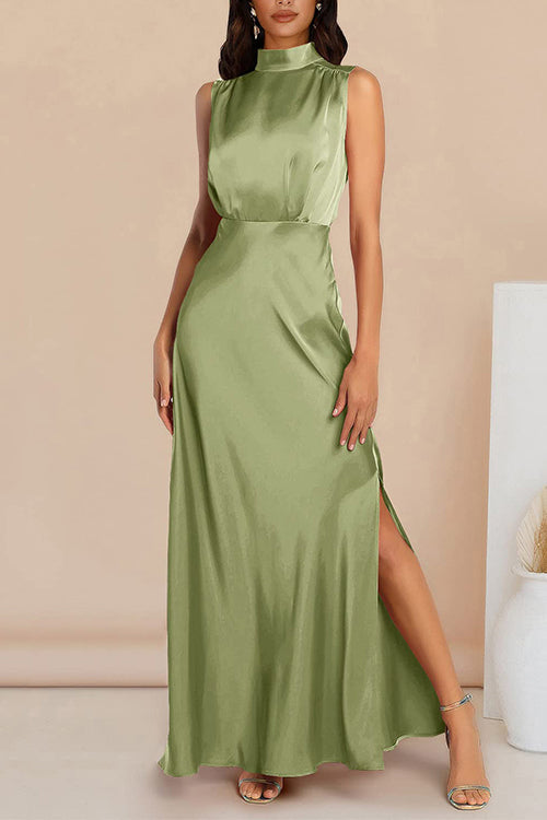 Mixiedress Sleeveless Mockneck Side Split Maxi Satin Dress