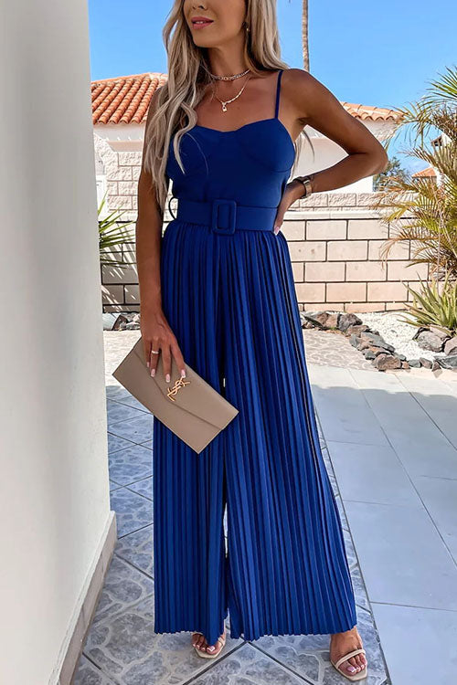 Mixiedress Spaghetti Strap Belted Pleated Wide Leg Jumpsuit