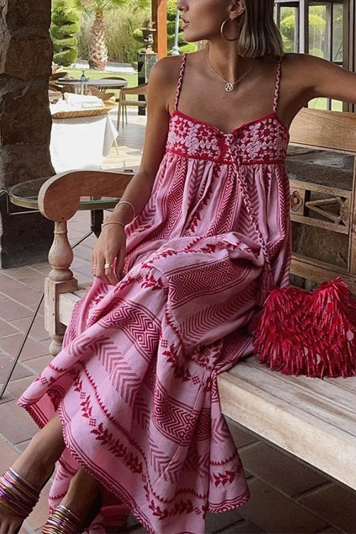 Mixiedress Crochet Top Printed Flowy Ruffle Maxi Cami Dress