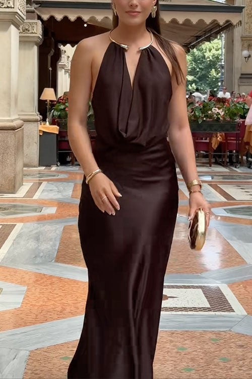 Halter Cowl Neck Backless Satin Maxi Party Dress