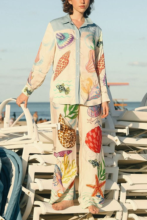 Mixiedress Tropic Print Long Sleeves Blouse Shirt Wide Leg Pants Set