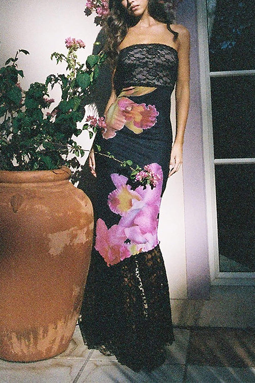 Mixiedress Strapless Lace Splice Floral Print Maxi Dress