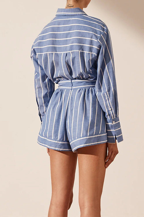 Mixiedress Striped Long Sleeves Curve Hem Shirt and High Rise Shorts Set