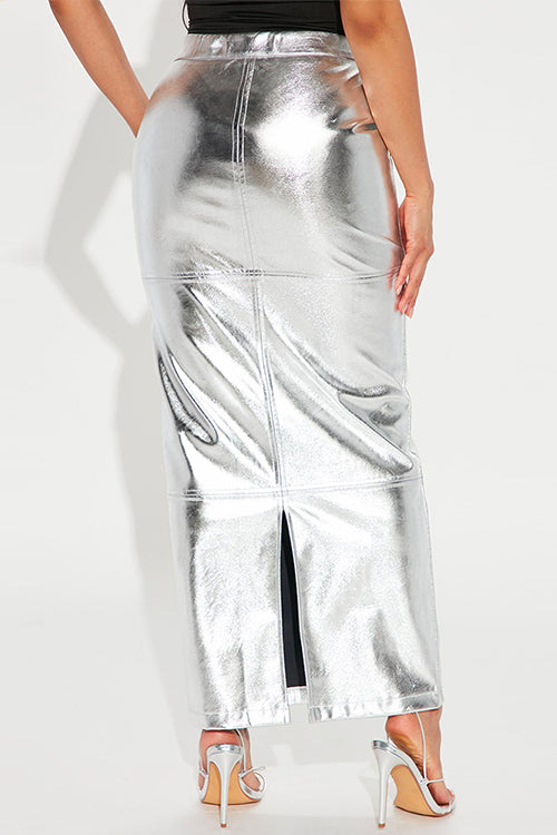 Mixiedress High Waist Back Slit Splice Faux Leather Maxi Skirt