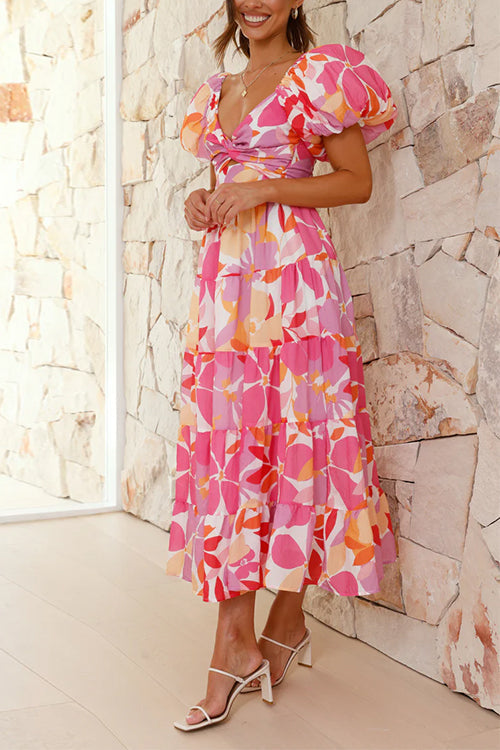 Mixiedress Twist Knot Cut Out Puffle Sleeves Printed Ruffle Maxi Dress