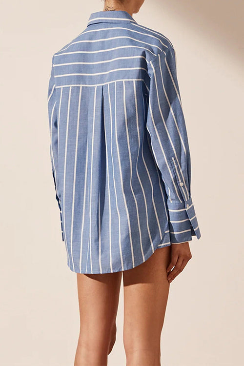 Mixiedress Striped Long Sleeves Curve Hem Shirt and High Rise Shorts Set