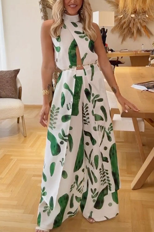 Mixiedress Mockneck Split Wrap Front Sleeveless Top and Wide Leg Pants Printed Set