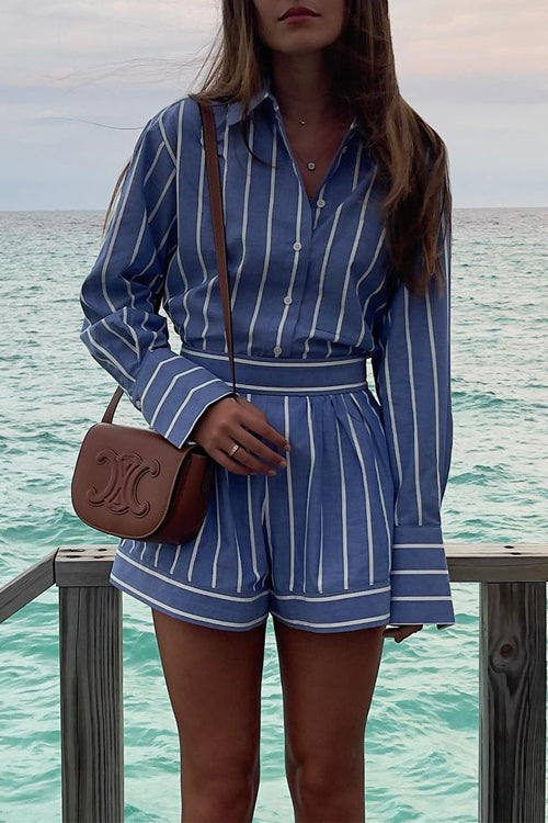 Mixiedress Striped Long Sleeves Curve Hem Shirt and High Rise Shorts Set