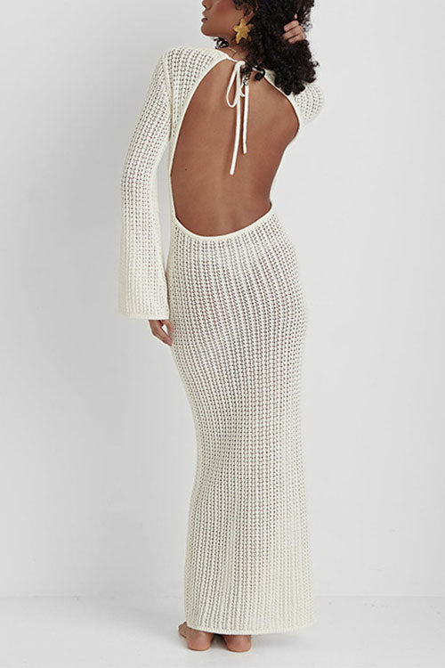 Mixiedress V Neck Long Sleeves Backless Crochet Hollow Out Knit Maxi Dress