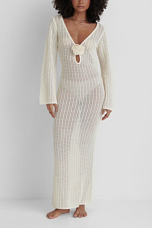 Mixiedress V Neck Long Sleeves Backless Crochet Hollow Out Knit Maxi Dress