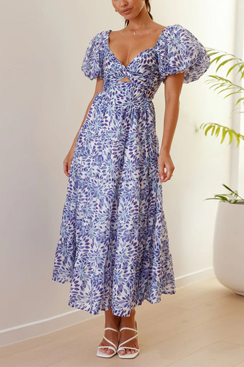 Mixiedress V Neck Twist Front Cut Out Waisted Floral Maxi Ruffle Dress