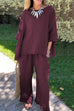 Mixiedress Cotton Linen 3/4 Sleeves Pullover Top Wide Leg Ruffle Hem Pants Set
