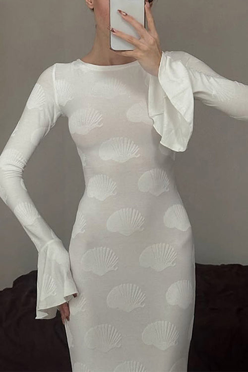 Mixiedress Bell Long Sleeves Backless Lace-up Shell Print Maxi Dress