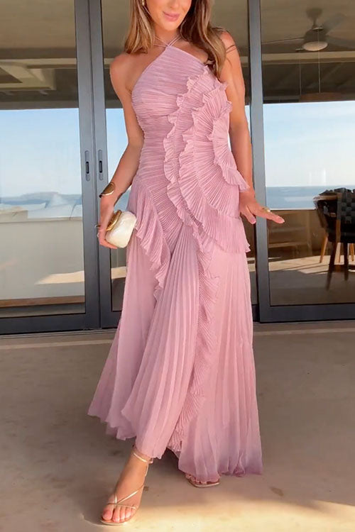 Mixiedress Strappy Halter Neck Ruffle Trim Asymmetric Hem Pleated Maxi Dress