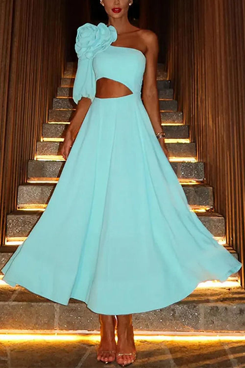 Mixiedress 3D Flower One Shoulder Cut Out Waist A-line Midi Dress