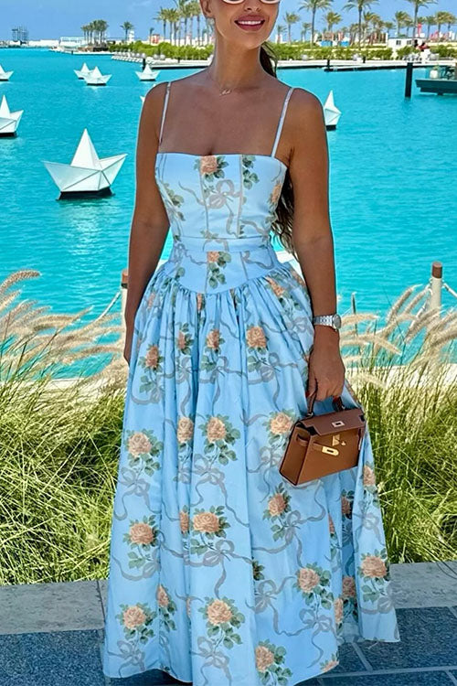 Mixiedress Spaghetti Strap Waisted Floral Print A-line Maxi Dress