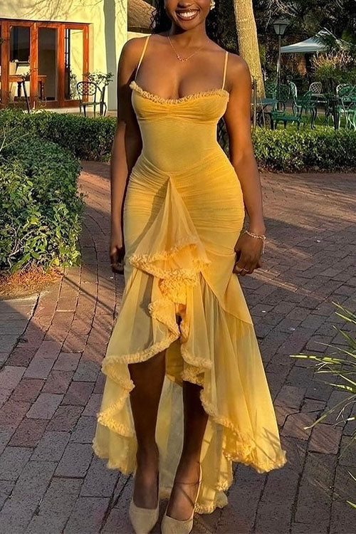 Mixiedress Spaghetti Strap Frill Trim Draped Slit Maxi Dress