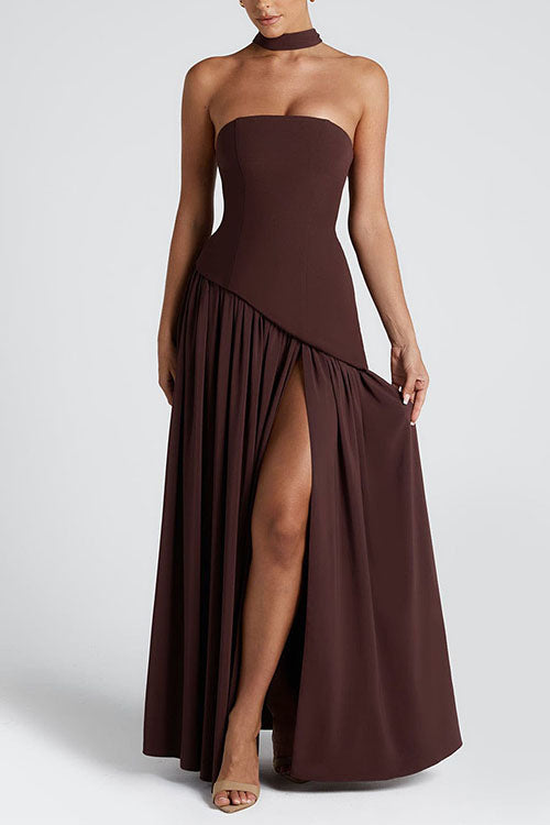 Mixiedress Strapless Back Lace-up High Slit Splice Maxi Dress