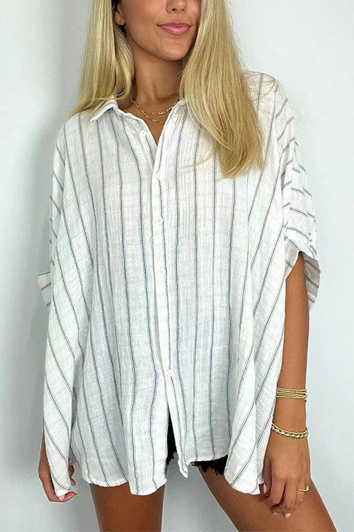 Mixiedress Oversized Button Down Batwing Sleeves Striped Shirt
