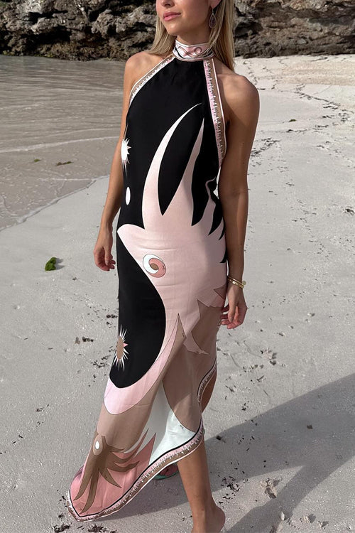 Mixiedress Halter Neck Open Back Asymmetric Hem Printed Satin Midi Dress