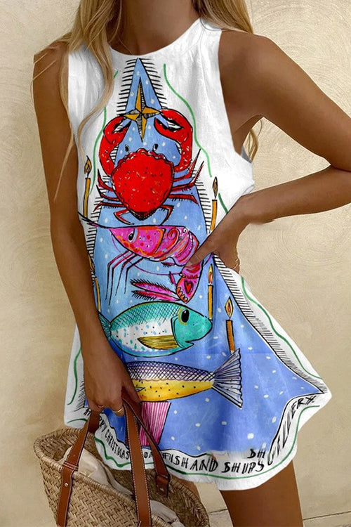 Mixiedress Crewneck Sleeveless Crab Shrimp Print Mini Dress