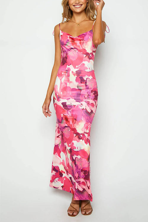 Mixiedress Tie Shoulder Backless Printed Maxi Cami Dress