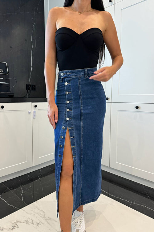Mixiedress Button Down Slit Midi Denim Skirt