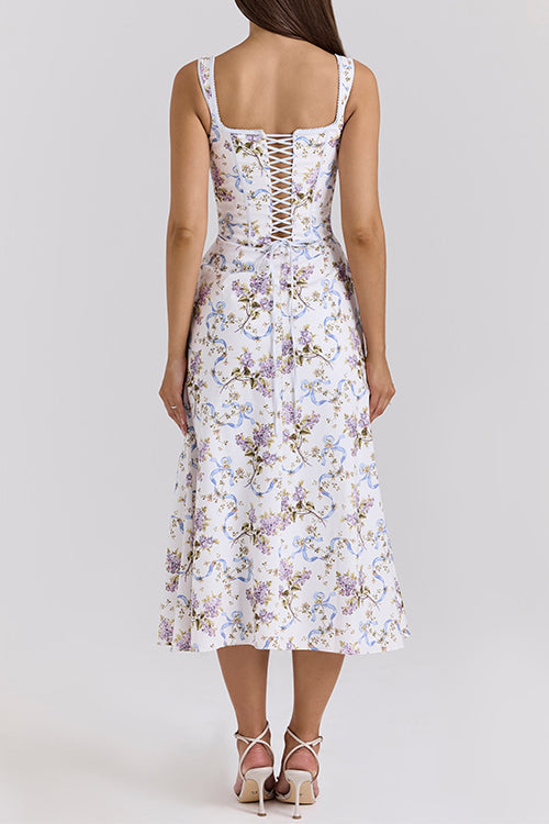 Mixiedress Bow Shoulder Back Lace-up Floral Print Midi Cami Dress