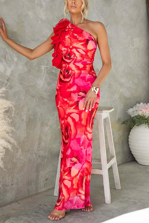 Mixiedress Ruffle One Shoulder Floral Print Bodycon Maxi Dress