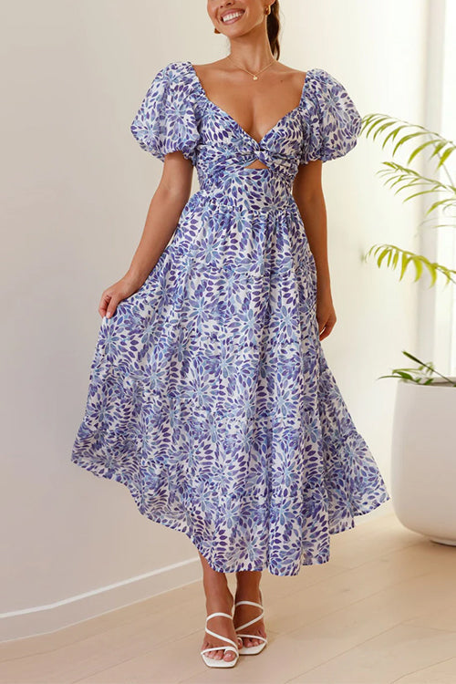 Mixiedress V Neck Twist Front Cut Out Waisted Floral Maxi Ruffle Dress