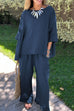 Mixiedress Cotton Linen 3/4 Sleeves Pullover Top Wide Leg Ruffle Hem Pants Set