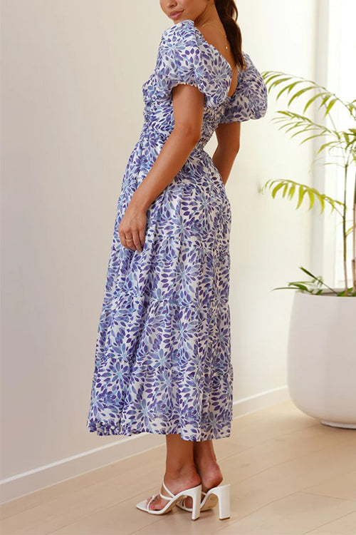 Mixiedress V Neck Twist Front Cut Out Waisted Floral Maxi Ruffle Dress