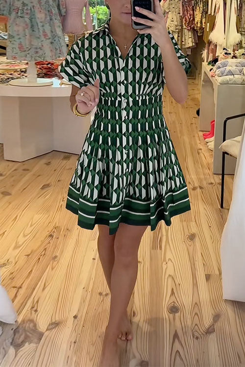 Short Sleeves Button Up Geometric Print Mini Dress