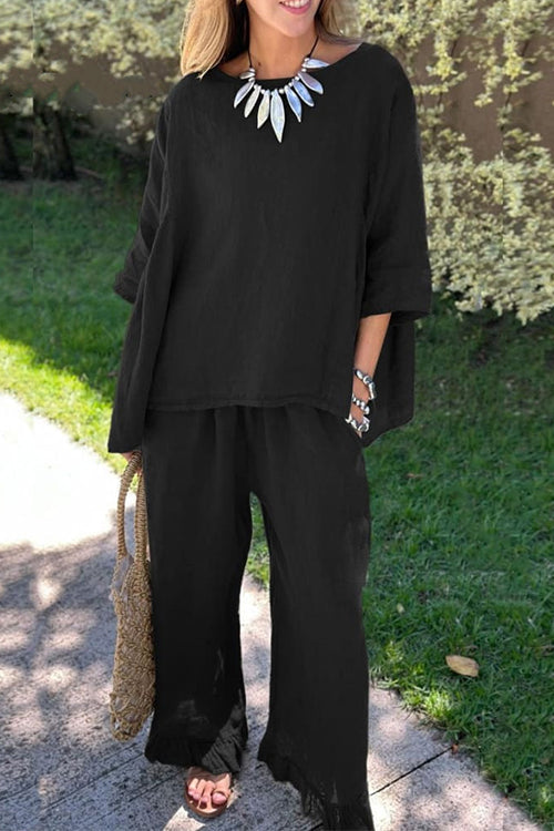 Mixiedress Cotton Linen 3/4 Sleeves Pullover Top Wide Leg Ruffle Hem Pants Set