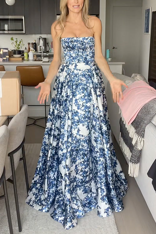 Mixiedress Strapless Back Lace-up Print Maxi Party Dress