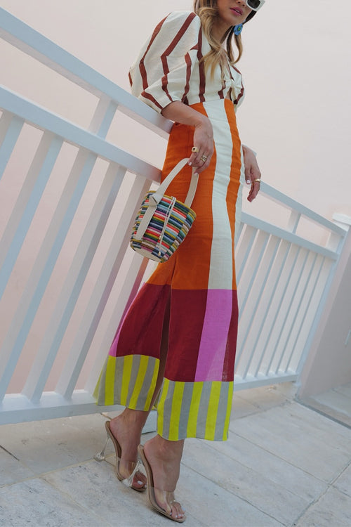 Mixiedress Knot Front Cut Out Puff Sleeves Side Slit Printed Midi Dress