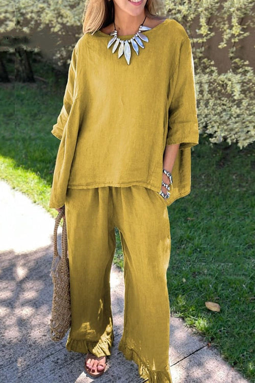 Mixiedress Cotton Linen 3/4 Sleeves Pullover Top Wide Leg Ruffle Hem Pants Set
