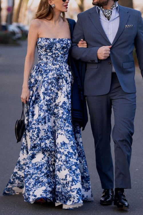 Mixiedress Strapless Back Lace-up Print Maxi Party Dress