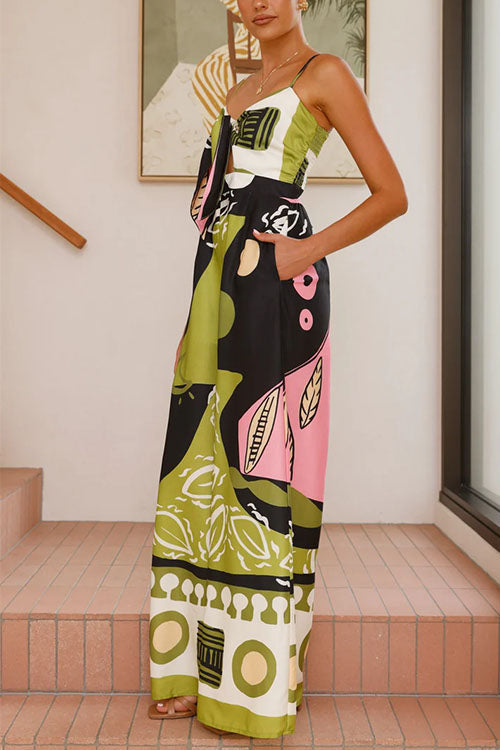 Mixiedress Tie Front Cut Out Wide Leg Printed Cami Jumpsuit