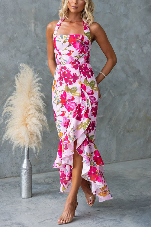 Halter Sleeveless Ruffle Hem Slit Floral Print Maxi Dress
